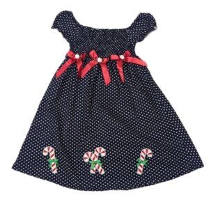 Smocked Christmas Dress Fit & Flare Polka Dot Navy Ribbon Bow Party Girls Size 6
